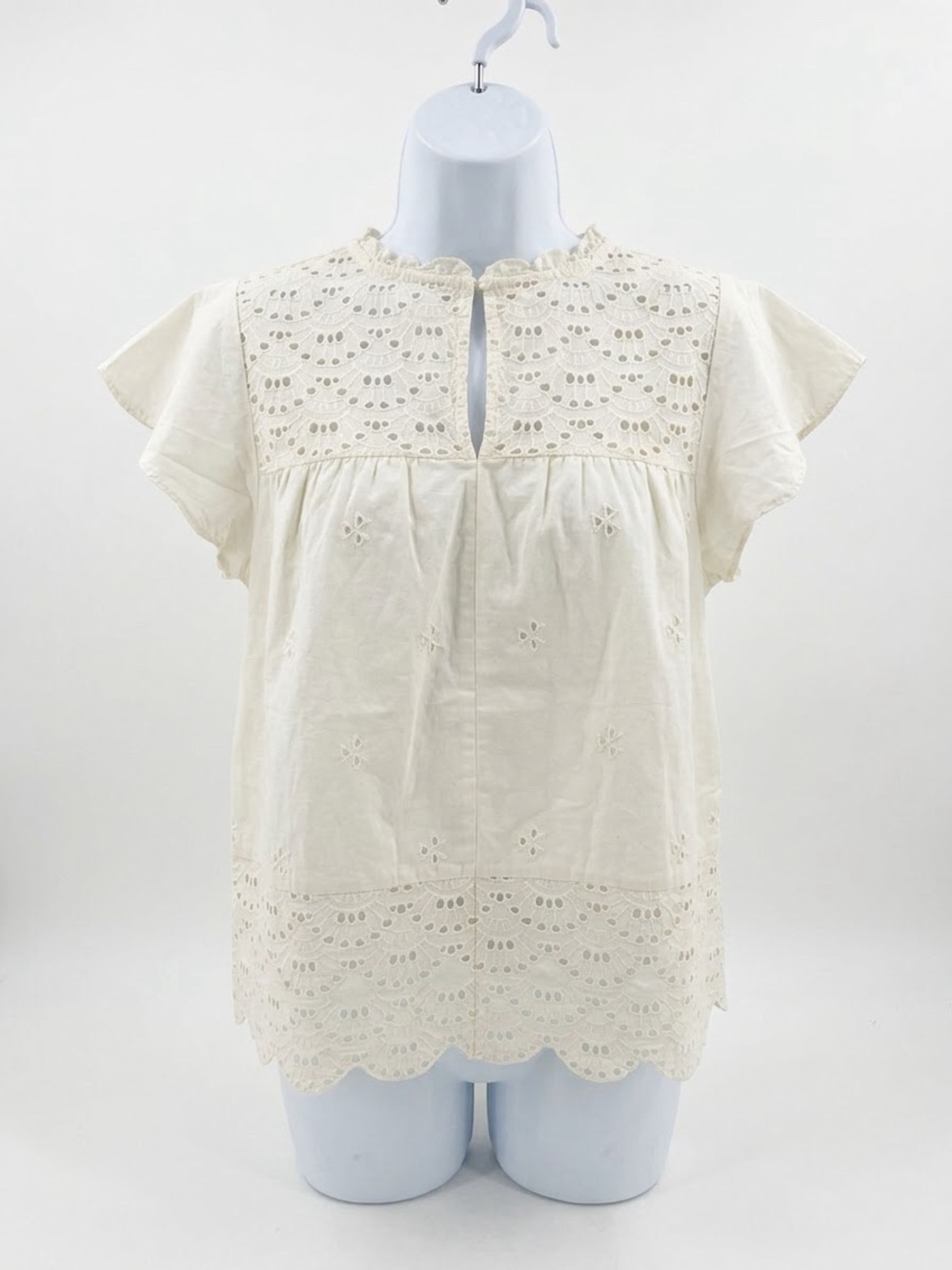 Women’s Cream Eyelet Flutter-Sleeve Top